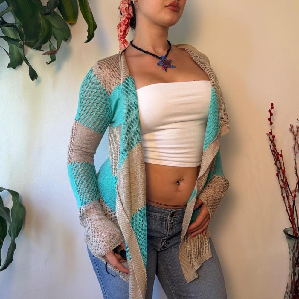 Say What New York Teal Grey Striped Open Knit Crochet Ruffle Cardigan Medium